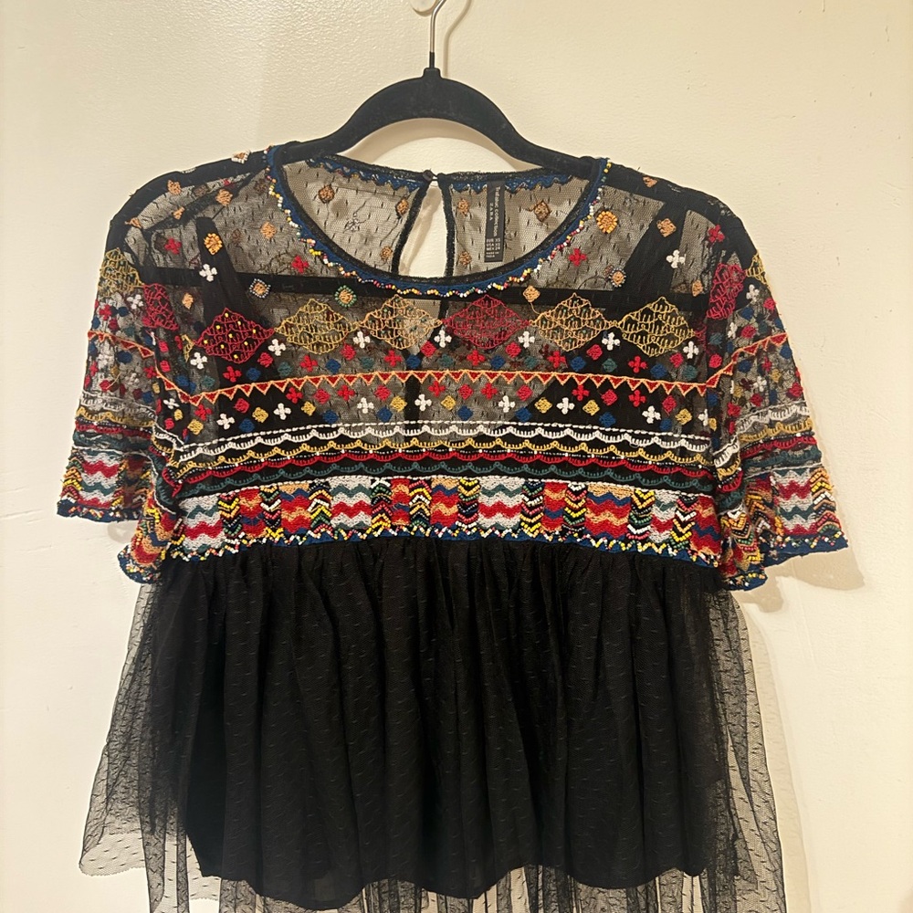Zara Black Lace Blouse with Colorful Embroidery